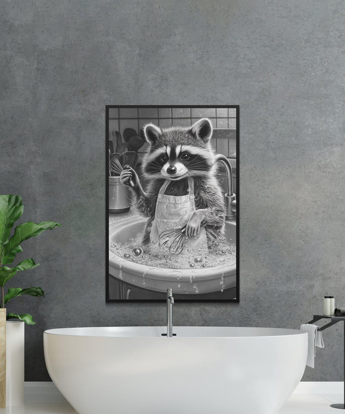 Raccoon in an Apron Washing Dishes Black and White Art Print - Image 2