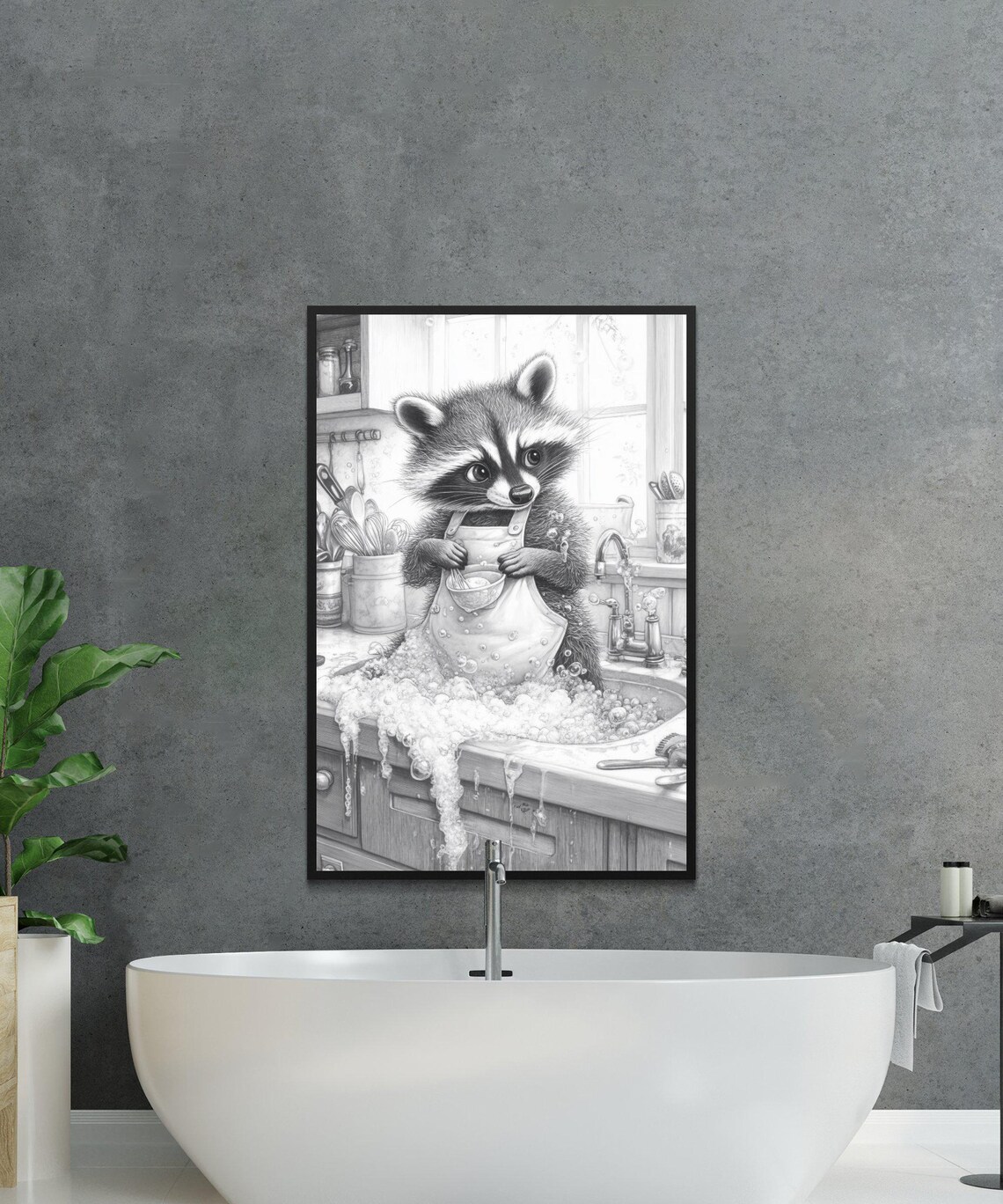 Pencil Sketch of a Raccoon Washing Dishes in a Bubbly Kitchen Sink Poster - Image 2