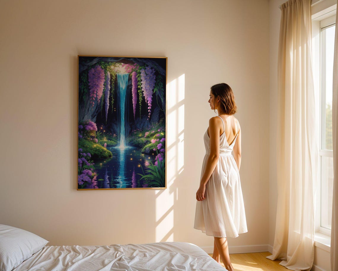 Waterfall Grotto With Hanging Wisteria In Magical Cave Poster - Image 4