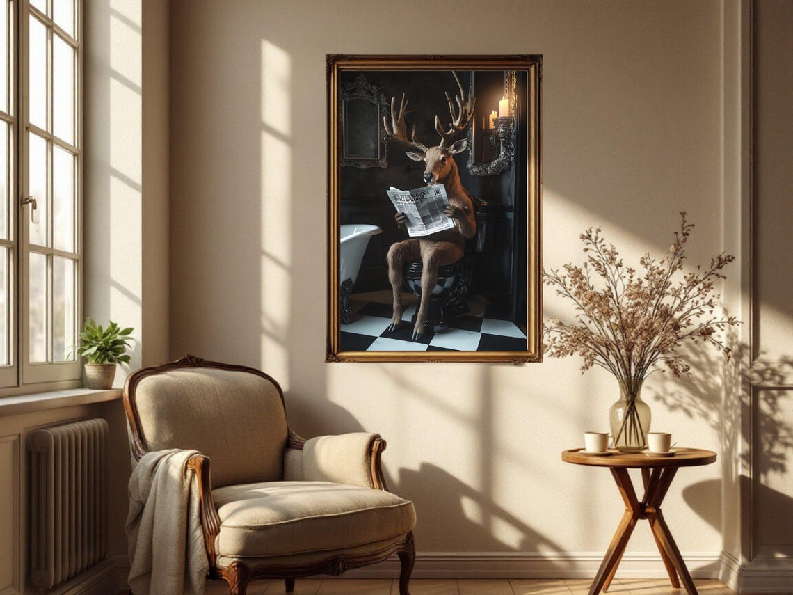 Majestic Stag Reading the Newspaper Sitting on the Toilet Poster - Image 4