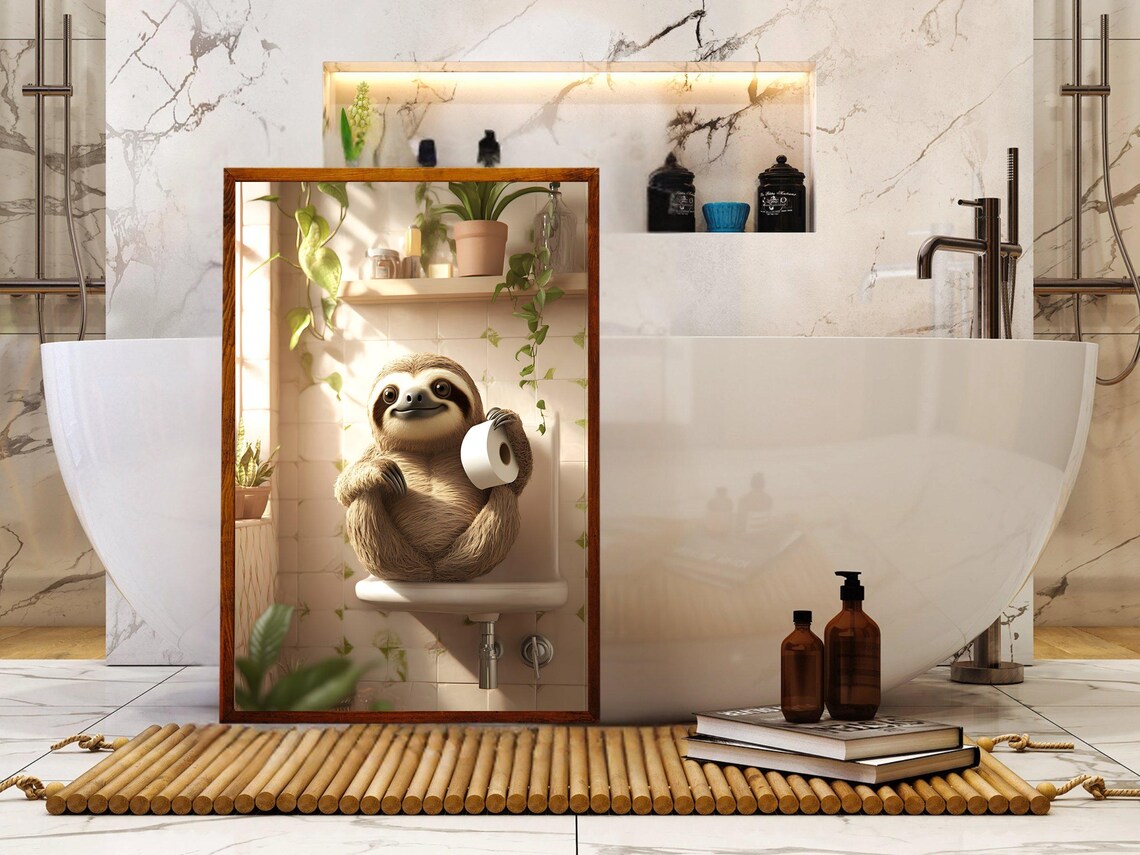 Smiling Sloth Sitting on the Toilet Tank Holding Toilet Paper Poster - Image 5