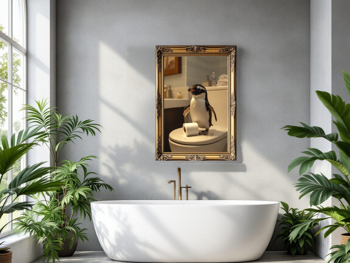 Cute Penguin Standing On Toilet With Toilet Paper Funny Poster - Image 3
