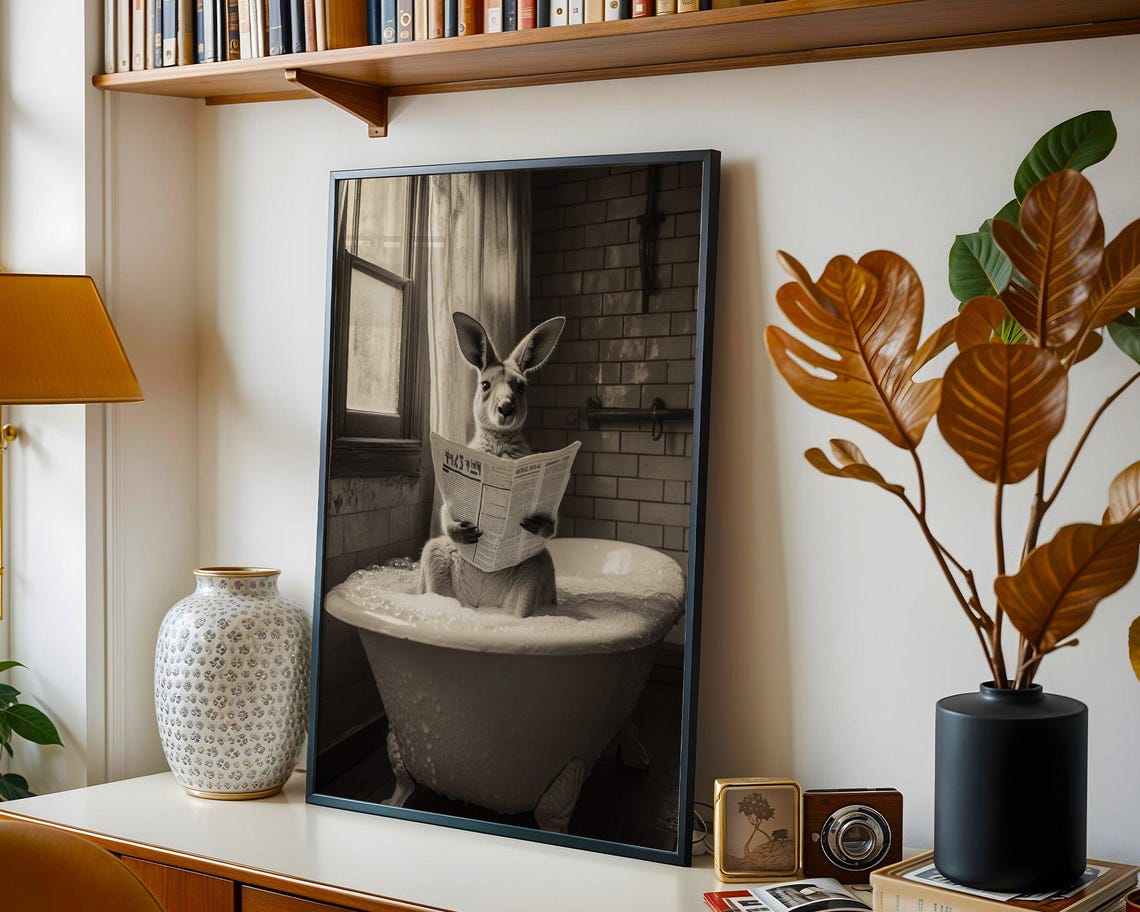 Kangaroo Reading a Newspaper in a Bubble Bath Vintage Poster - Image 4