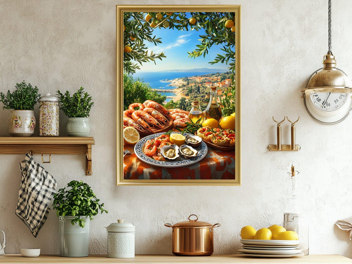 Mediterranean Seafood Feast Sunny Coastal Kitchen Dining Poster