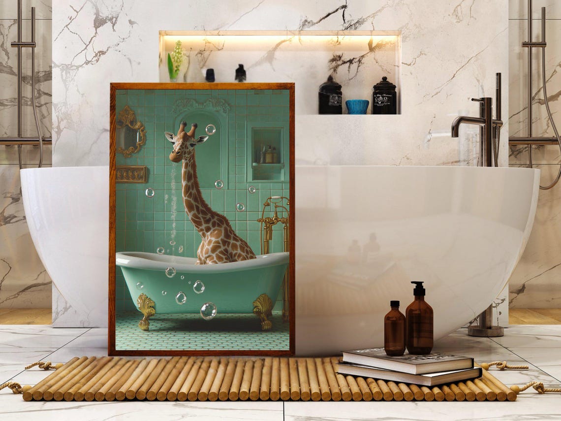 Giraffe Standing in Bathtub With Bubbles Teal Bathroom Poster - Image 5