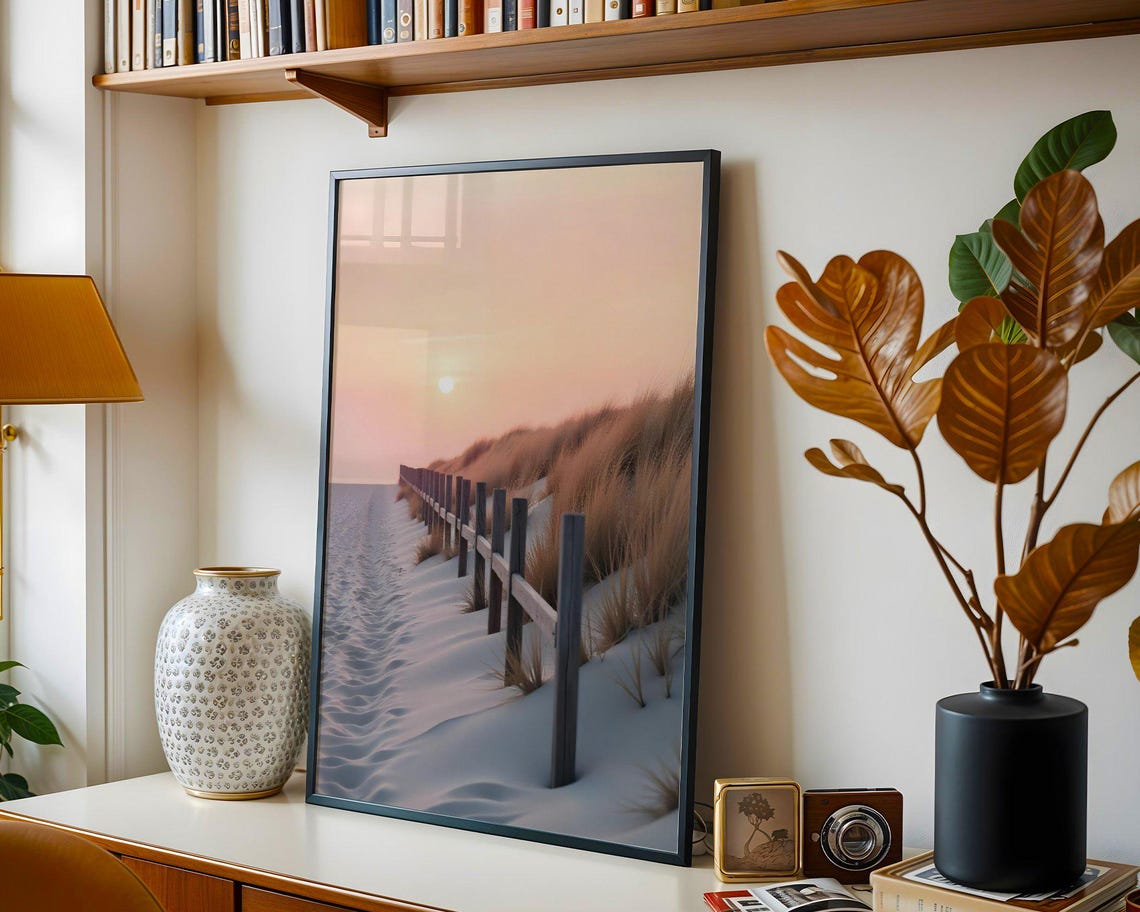 Sand Dune Fence With Grasses Under Soft Pastel Sunset Poster - Image 3