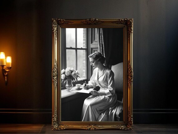 Woman in Satin Robe Writing Letter by Window with Peonies Poster