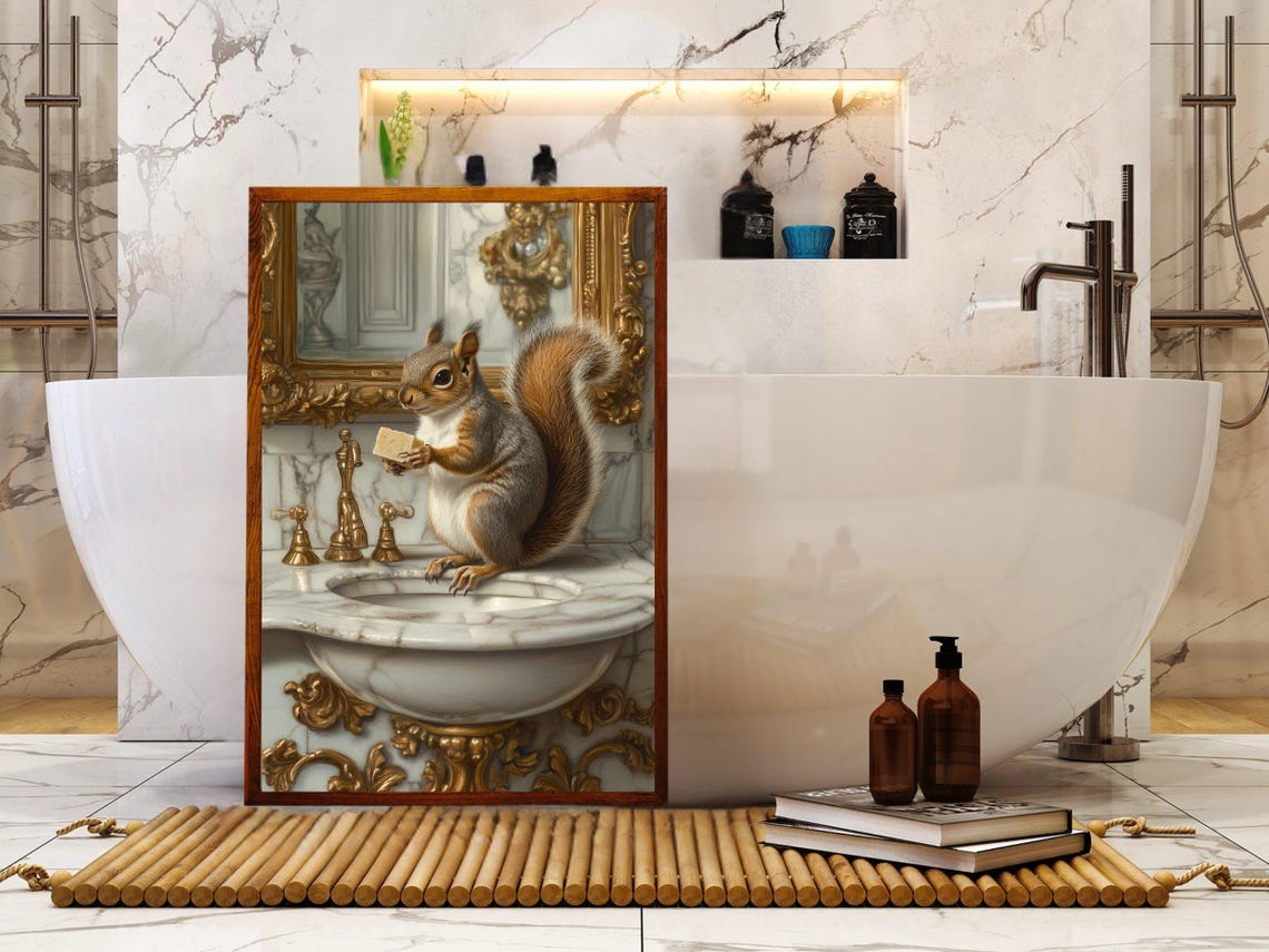 Squirrel Holding Soap on a Marble Sink Ornate Bathroom Wall Poster - Image 5
