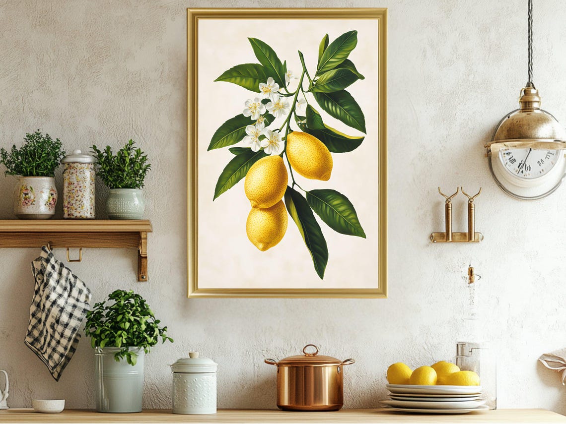 Lemon Tree Branch with White Blossoms Vintage Botanical Kitchen Poster