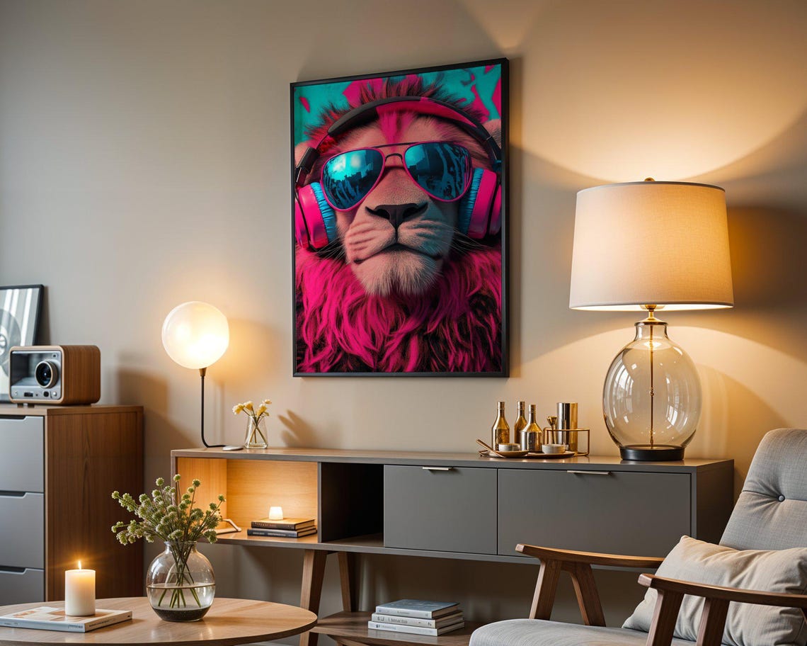 Neon Pink Lion In Headphones And Mirrored Aviator Sunglasses Poster - Image 4