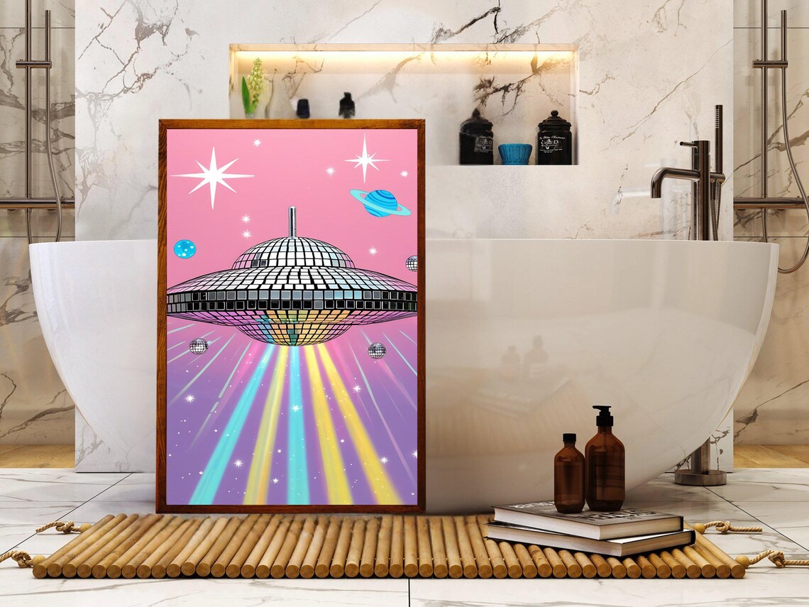 Retro Disco Ball UFO Over a Pink Sky With Rainbow Beams Sci-Fi Wall Poster - Image 2