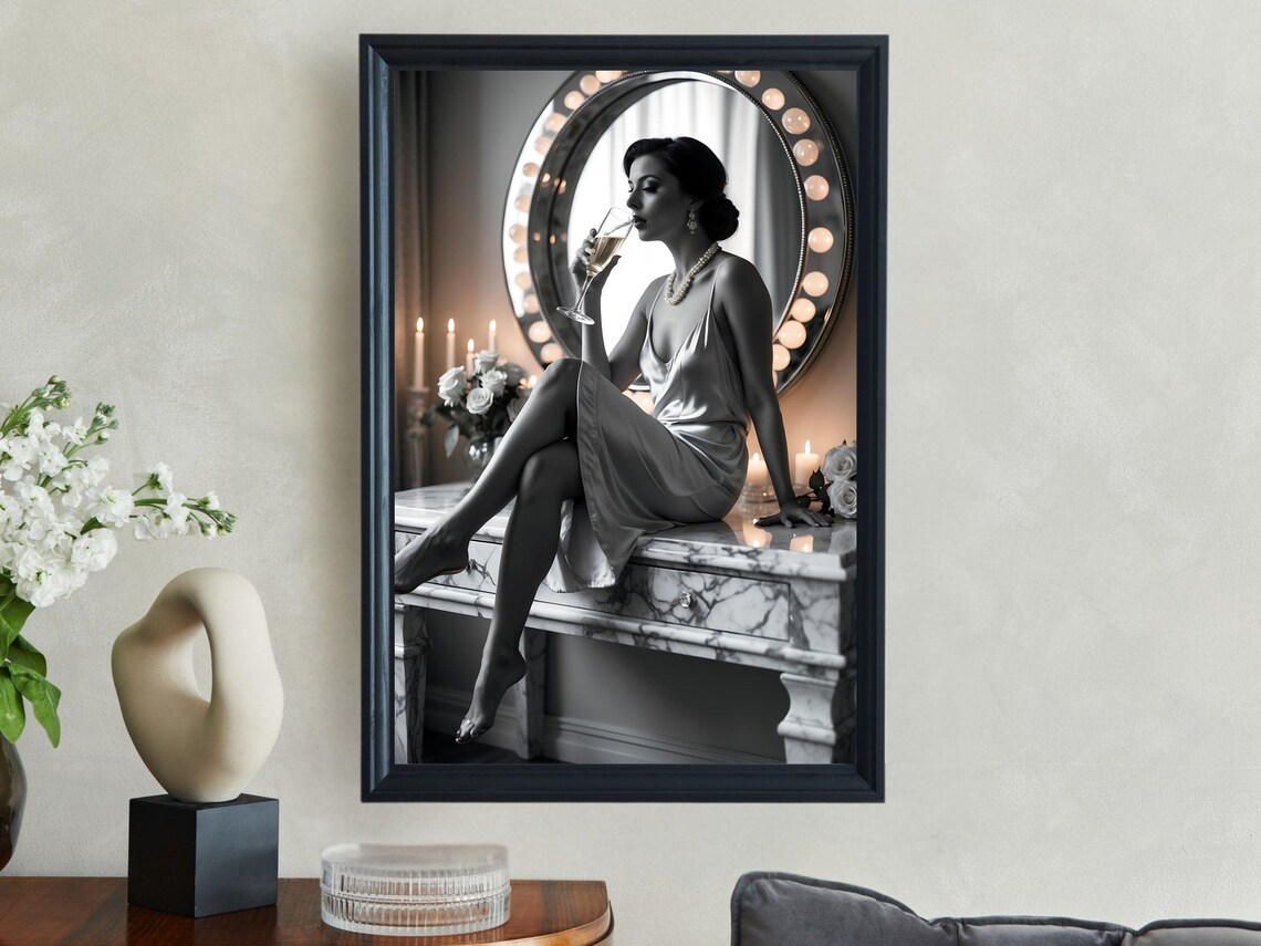 Woman In Satin Dress Sipping Champagne At Hollywood Vanity Poster - Image 4