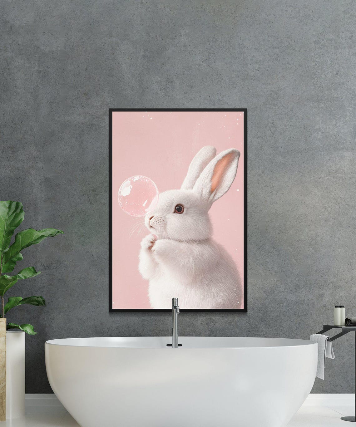 White Bunny Blowing Crystal Clear Bubble on Pink Sky Art Poster - Image 4