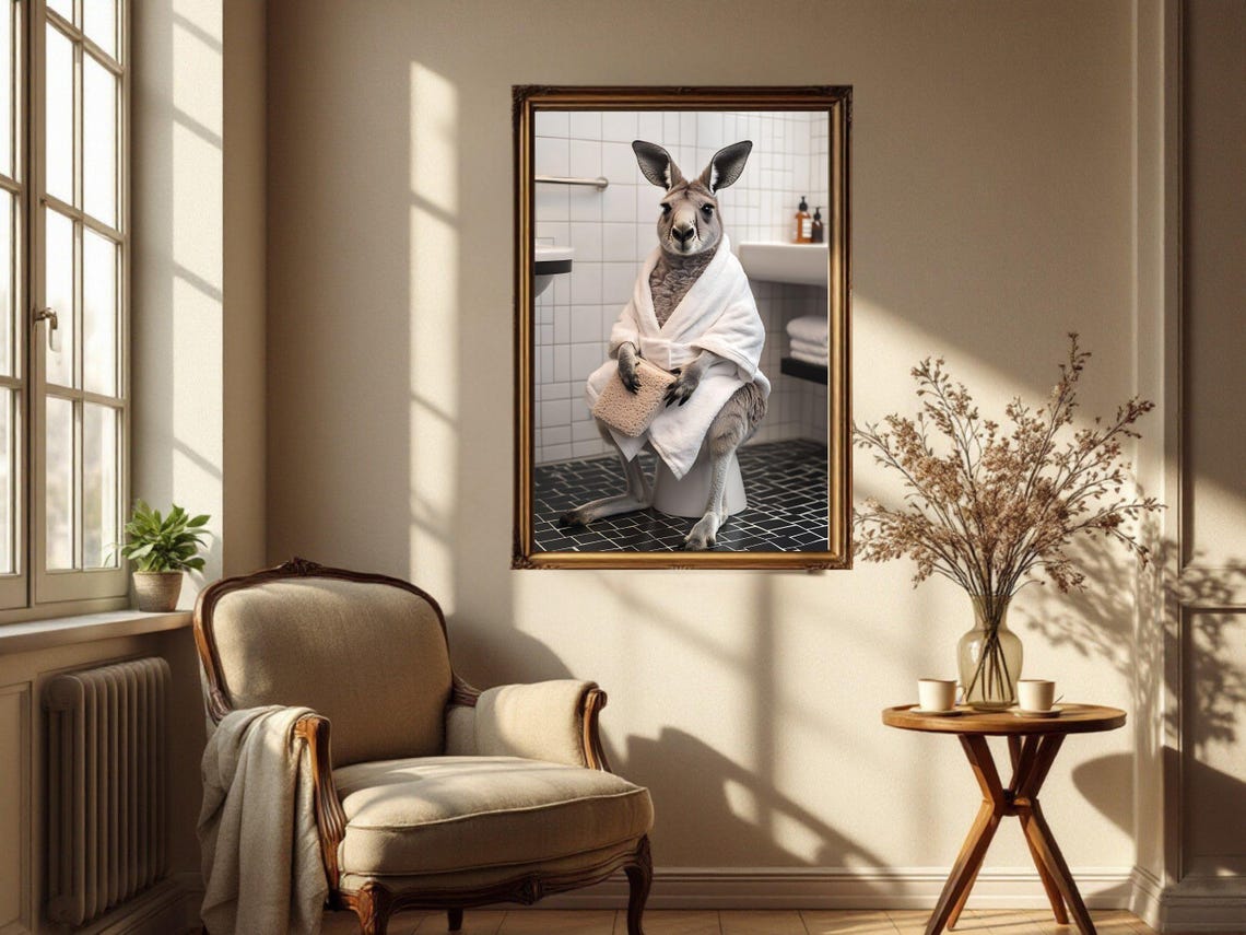 Kangaroo in a Bathrobe Sitting on a Toilet Holding a Sponge Poster - Image 4
