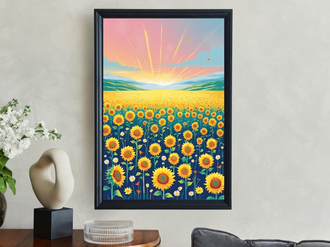 Bright Sunflower Field Sunrise Golden Morning Meadow Sky Art Print