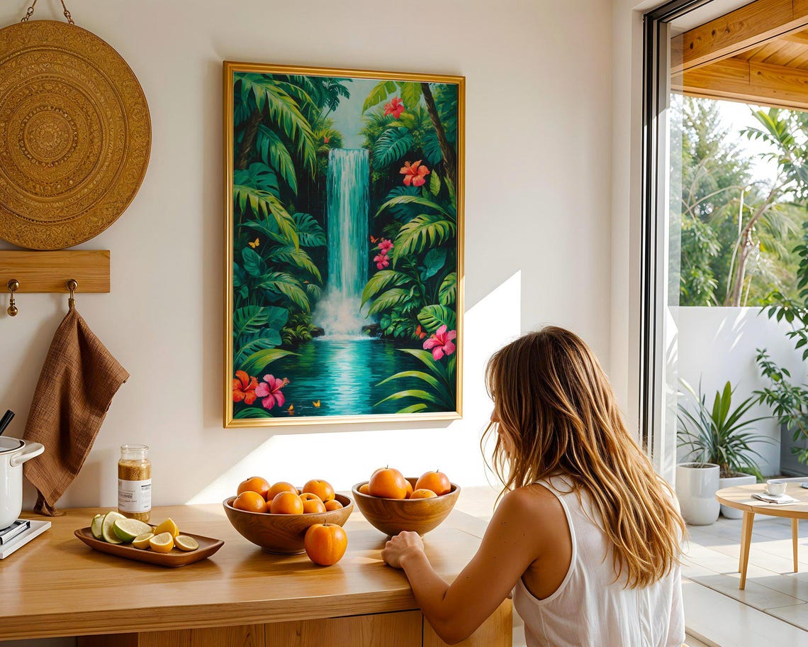 Jungle Waterfall Surrounded By Lush Greenery And Pink Hibiscus Poster - Image 2