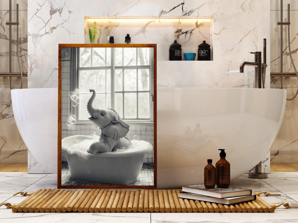 Baby Elephant Blowing Bubbles in a Tub Black White Photo Poster - Image 5