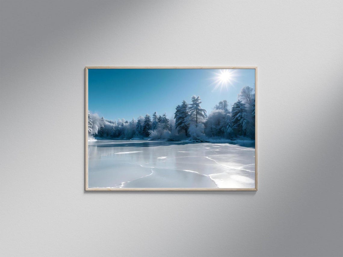 Frozen Lake with Frosted Forest Beneath a Brilliant Blue Sky Poster