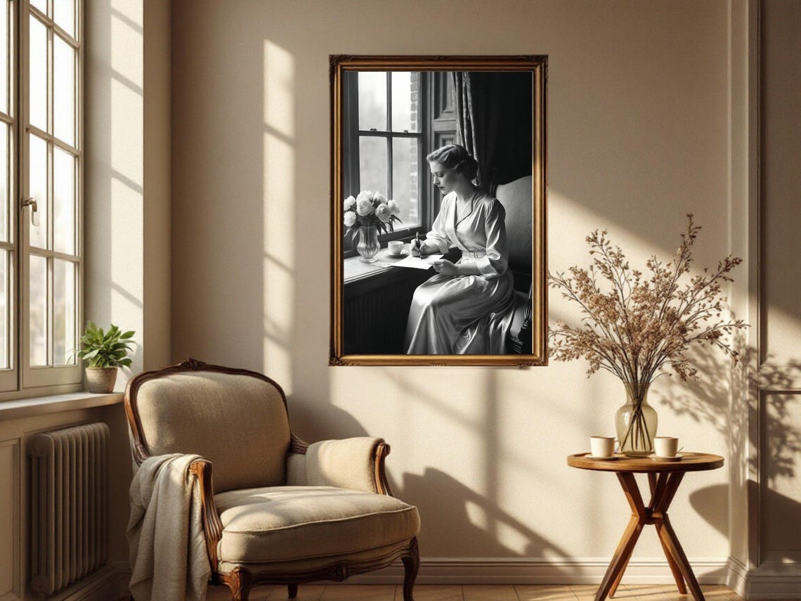 Woman in Satin Robe Writing Letter by Window with Peonies Poster - Image 2