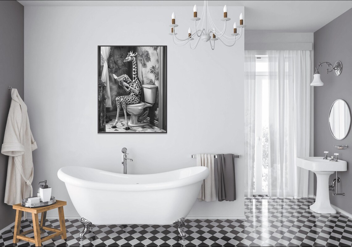 Giraffe Reading a Newspaper on the Toilet Whimsical Bathroom Poster - Image 2