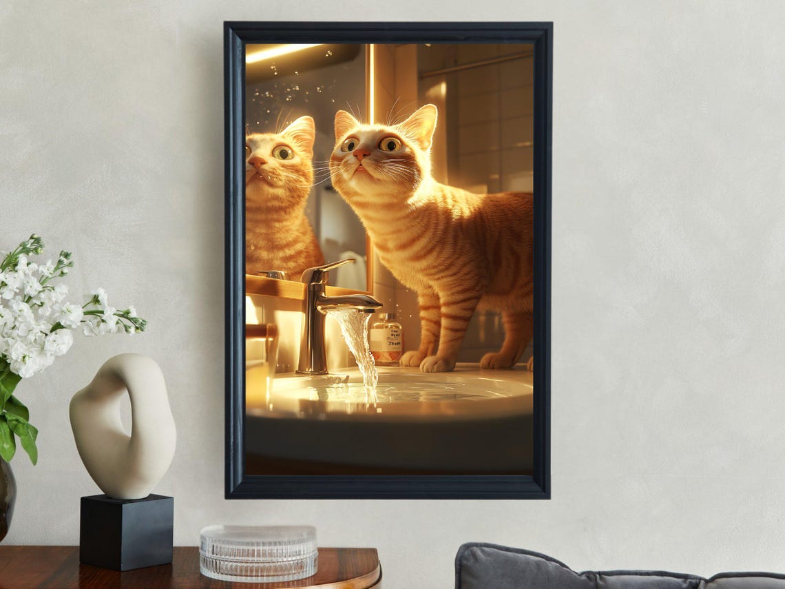 Curious Ginger Tabby Cat Watching Water Run From the Faucet Poster - Image 2