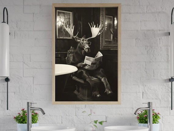 Moose Wearing Glasses Reading Newspaper Sepia Tone Bathroom Poster