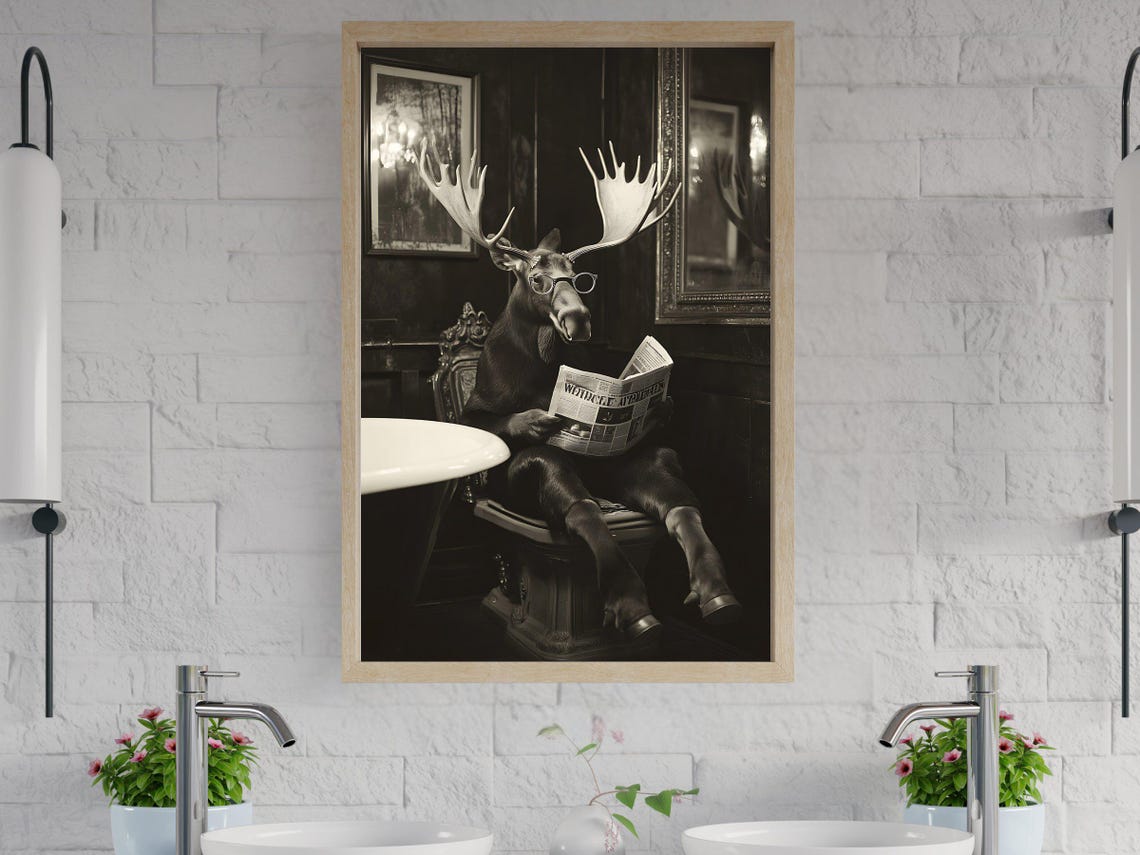 Moose Wearing Glasses Reading Newspaper Sepia Tone Bathroom Poster