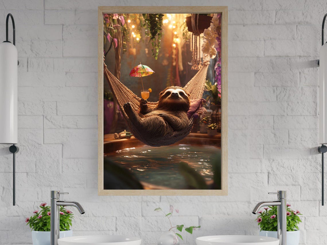 Sloth in a Hammock With Cocktail Over a Tropical Pool Poster