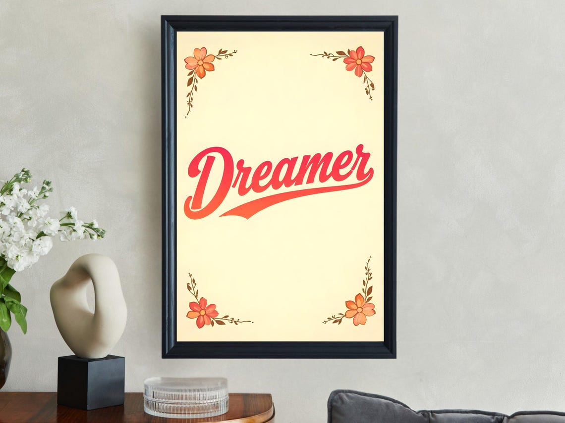 Dreamer Red Retro Script Floral Corner Inspirational Quote Poster