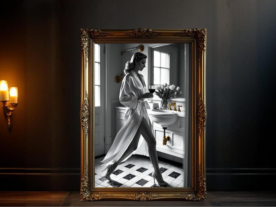 Woman in Silk Robe with Wine Glass in Vintage Bathroom Poster