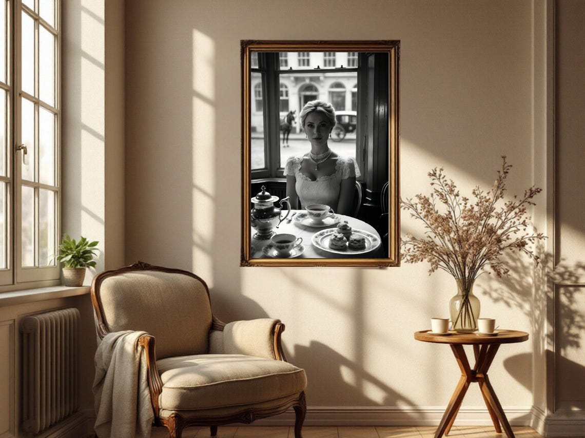 Elegant Woman Enjoying Afternoon Tea by Cafe Window, B&W Poster - Image 2