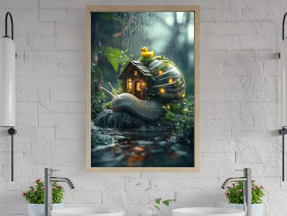 Enchanted Snail Home Wall Art Fantasy Forest Scene Magical Animal Print Whimsical Nursery Decor Fairy Tale Wilderness Artwork