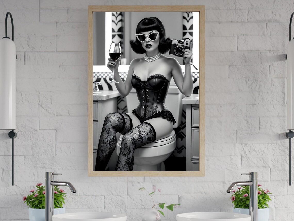 Retro Pin Up Woman With Vintage Camera And Wine Glass Poster