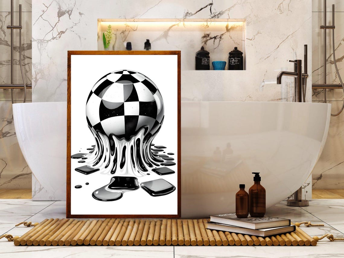 Abstract Optical Illusion Wall Art Minimalistic Black And White Checkered Sphere Melt Modern Home Decor Geometric Art Print - Image 4