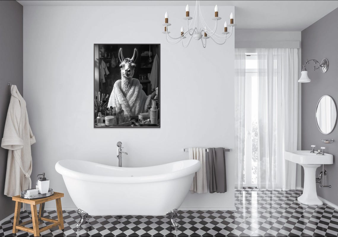 Llama In White Bathrobe Black And White Animal Bathroom Poster - Image 2