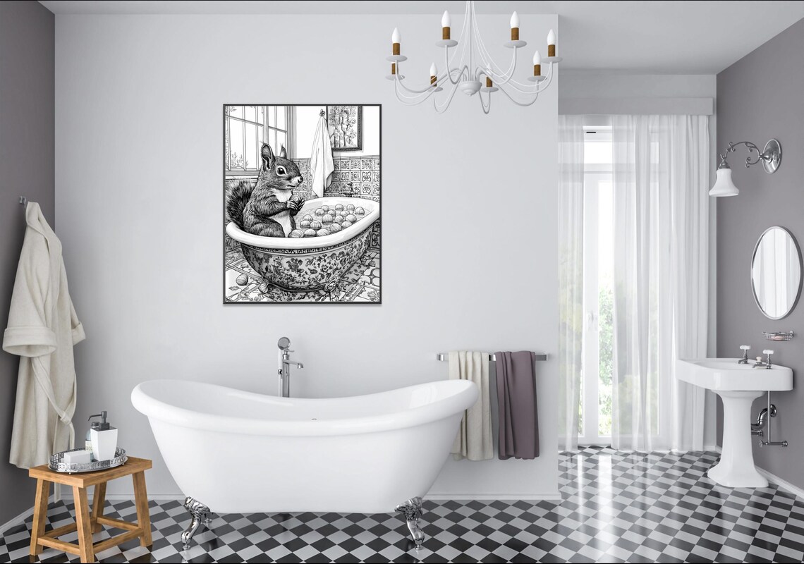 Squirrel In Vintage Bathtub Black And White Animal Art Poster - Image 2