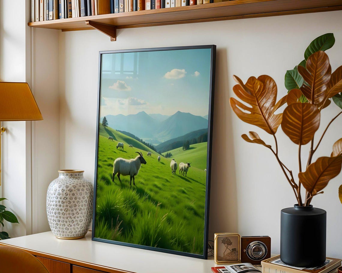 Sheep Grazing on a Lush Green Hillside with Mountain Peaks Poster - Image 3