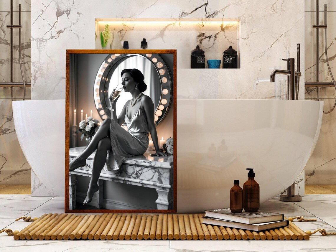 Woman In Satin Dress Sipping Champagne At Hollywood Vanity Poster - Image 5