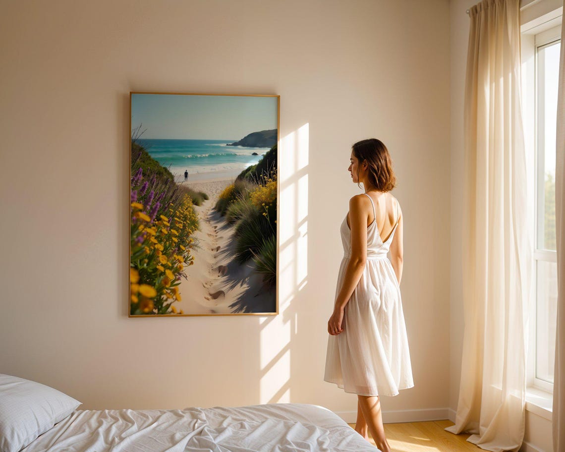 Flower Lined Sandy Footpath Leading to Turquoise Beach Poster - Image 4