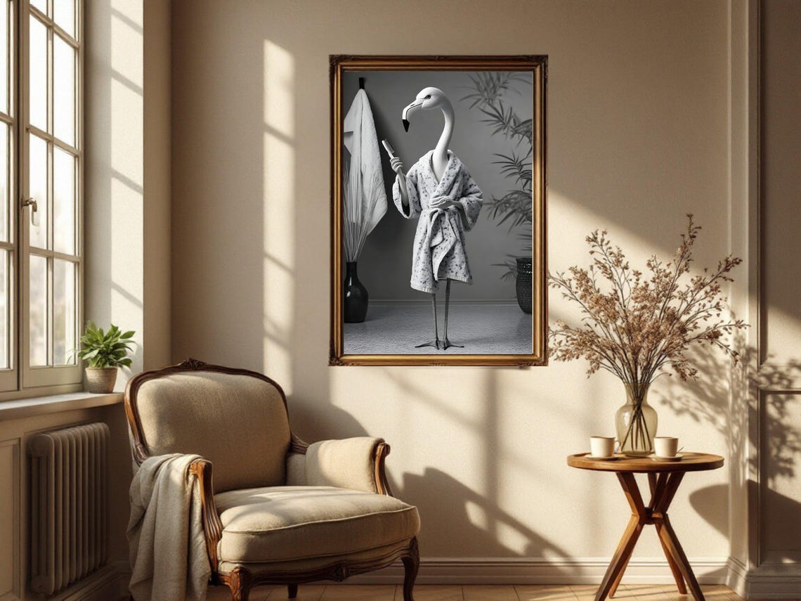 Flamingo in a Bathrobe Holding a Hairbrush After a Shower Poster - Image 4