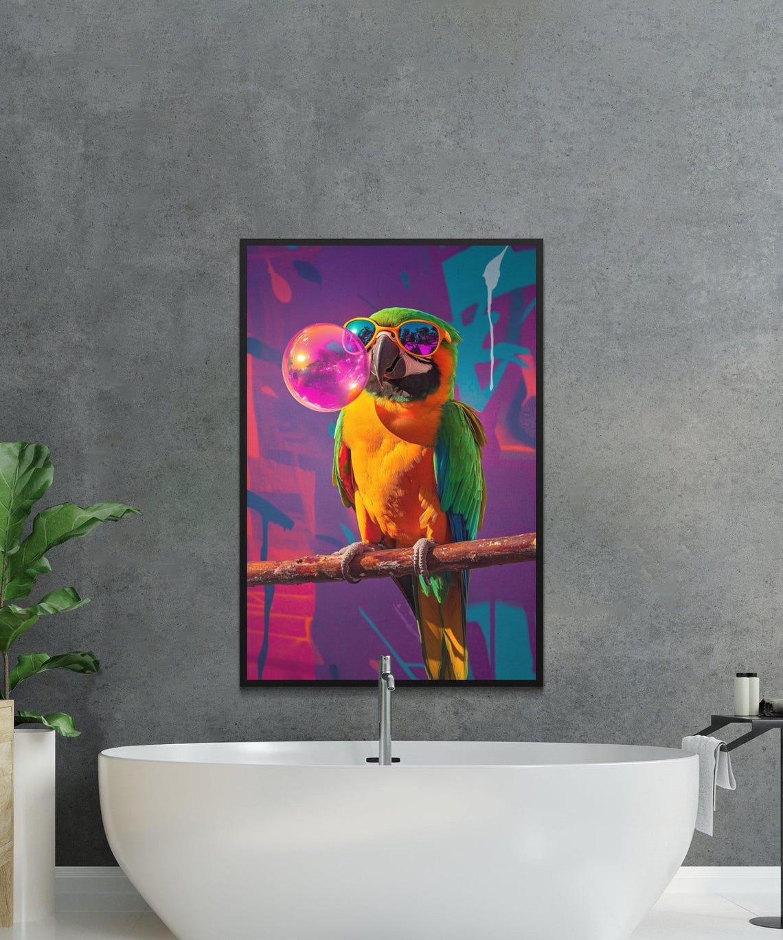 Cheerful Parrot Blowing Pink Bubblegum Bubble With Sunglasses Poster - Image 4