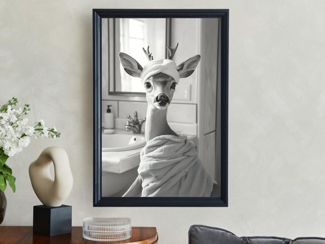 Adorable Deer Wrapped in a Towel Enjoying a Spa Day Bathroom Poster - Image 2