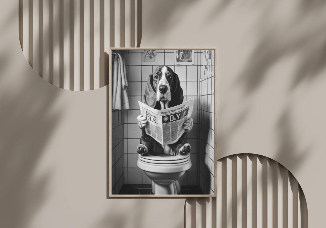 Basset Hound Reading Newspaper On Toilet Black And White Poster