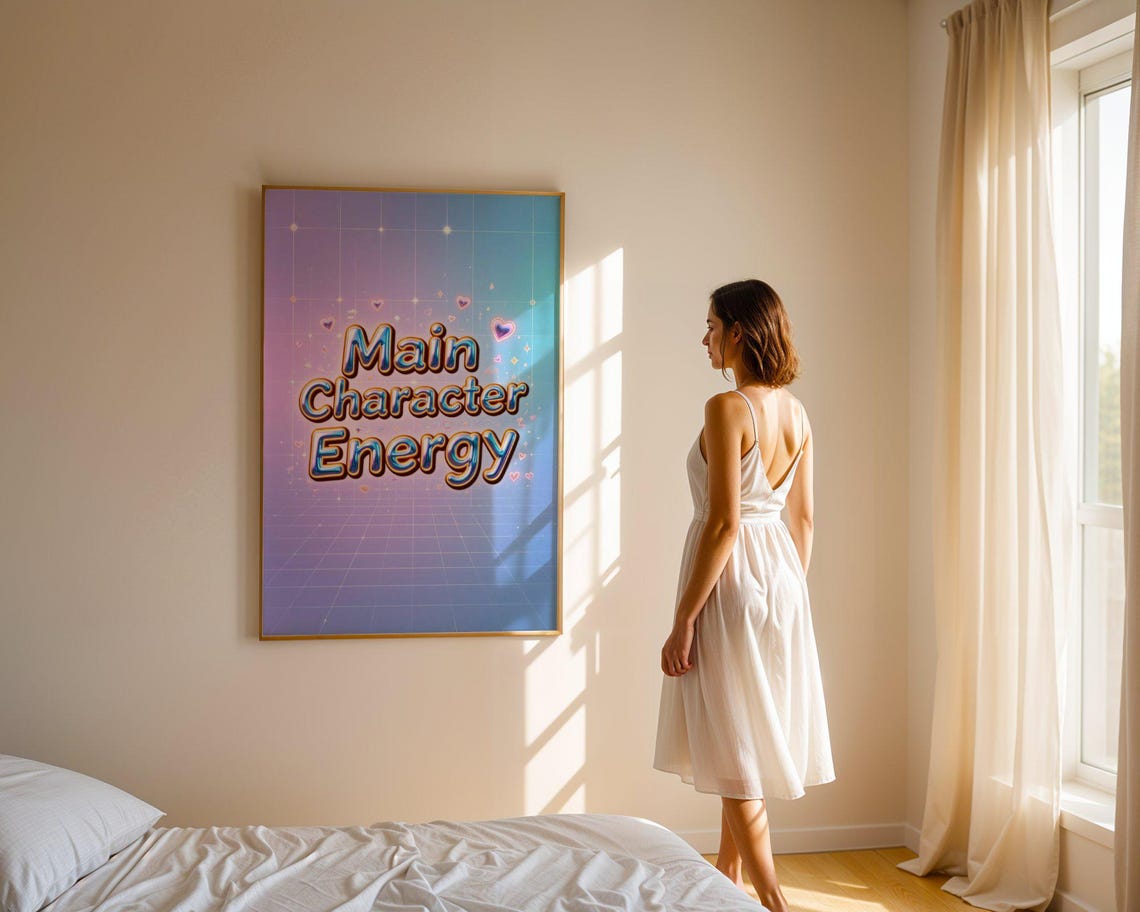 Main Character Energy Pink Retro Grid Hearts Typography Quote Poster - Image 5