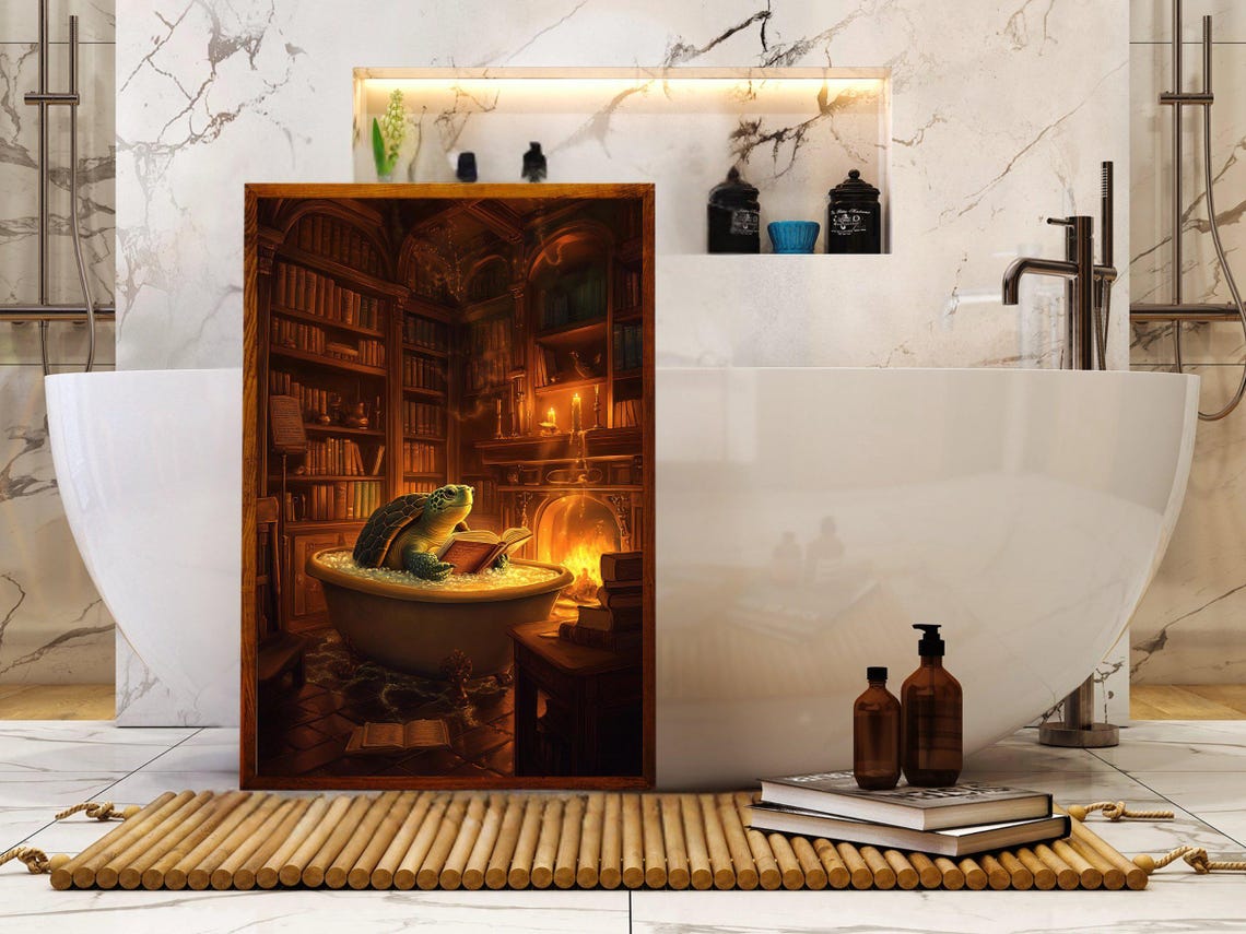 Turtle Reading Book in Bubble Bath Library Fireplace Art Poster - Image 5