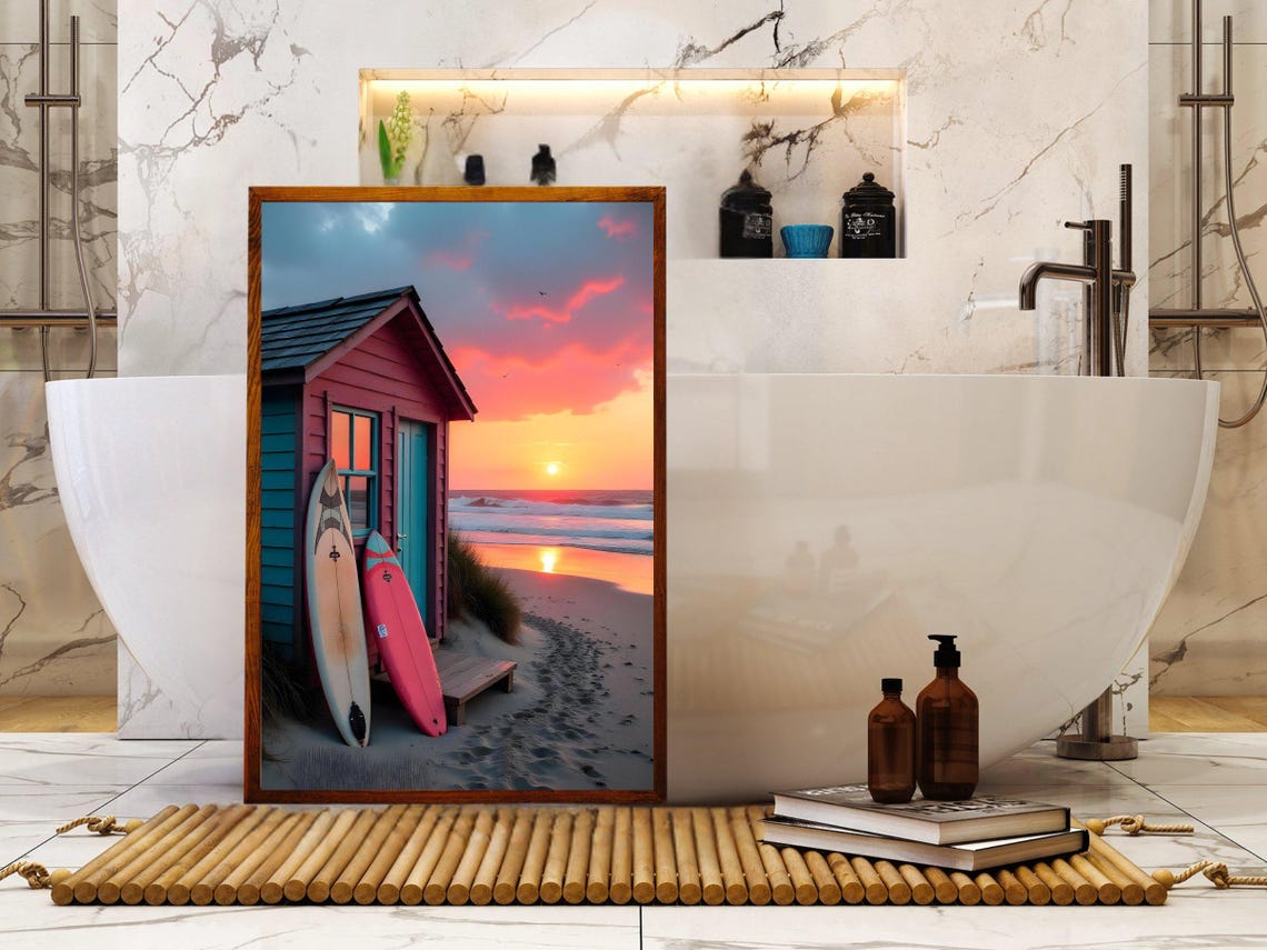 Coral Red Surf Shack With Two Boards on Beach at Sunset Poster - Image 2