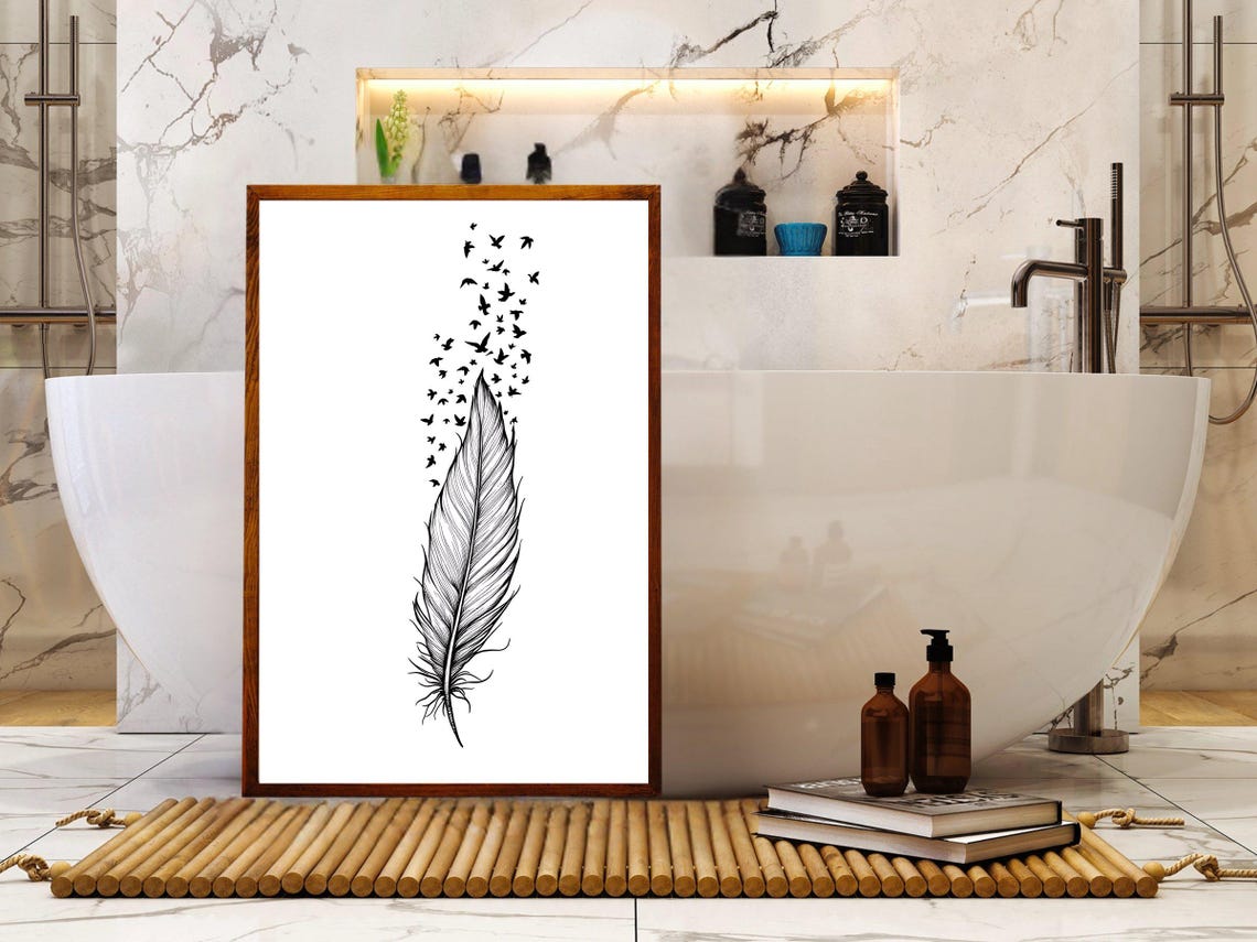 Ink Feather Dissolving Into Flying Birds Minimalist Ink Poster - Image 4