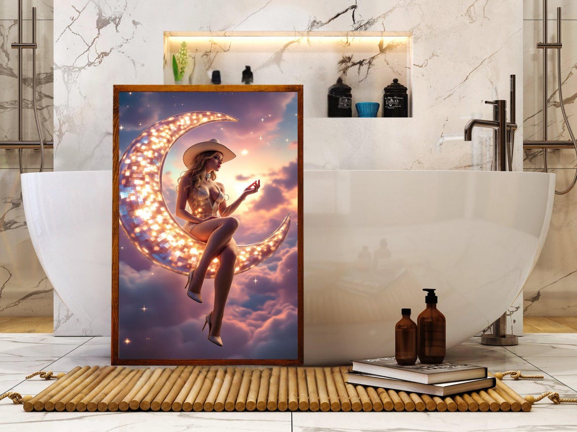 Cowgirl Sitting On Glittering Crescent Moon Pink Cloud Fantasy Poster - Image 2