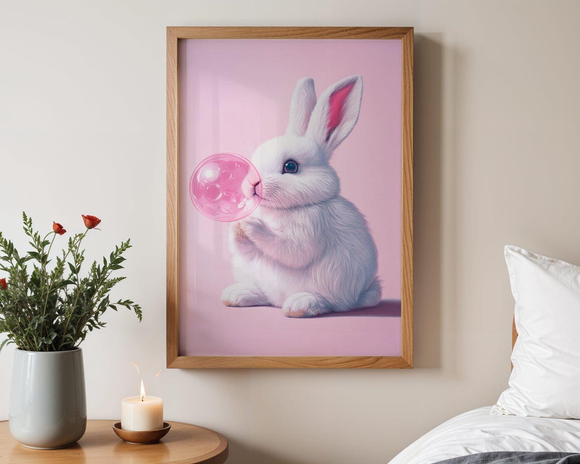 White Bunny Blowing Pink Bubblegum Bubble Pastel Kids Room Poster