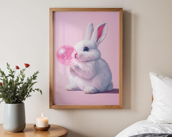White Bunny Blowing Pink Bubblegum Bubble Pastel Kids Room Poster